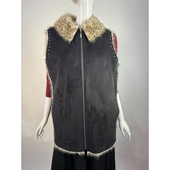 Dennis Basso Faux Fur Trimmed Studded Suede Vest Luxe Winter Layering Piece - Picture 15 of 16
